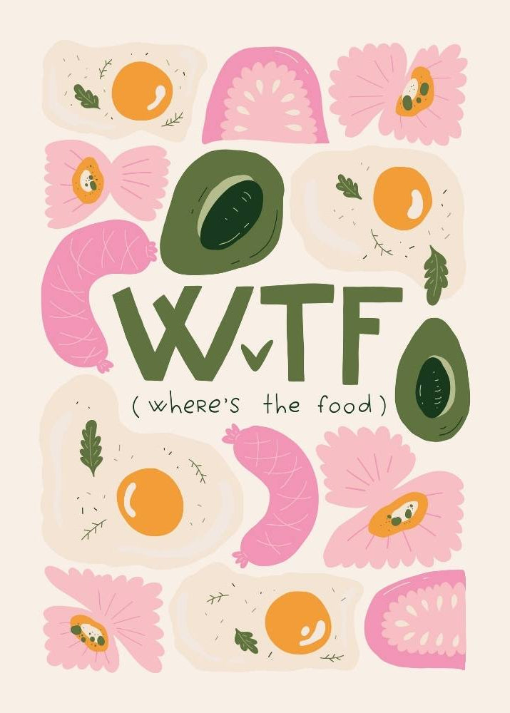 Book cover with colorful illustrations of food items and the text 'WTF (Where's the Food)'.