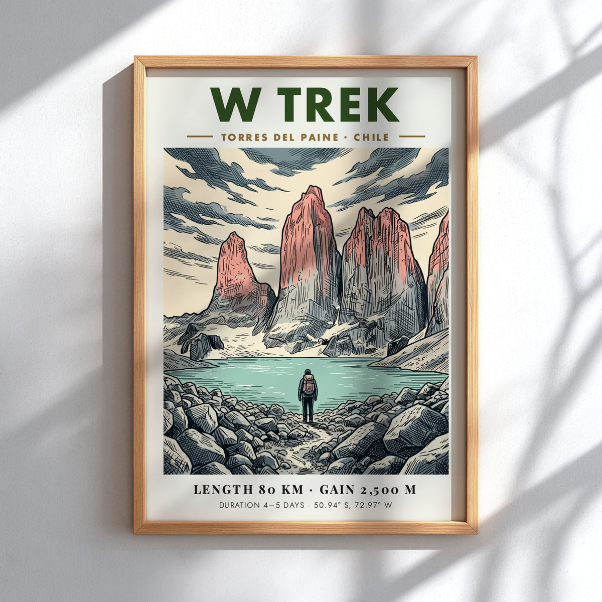 Poster of W Trek Torres Del Paine featuring granite peaks and a lone hiker.