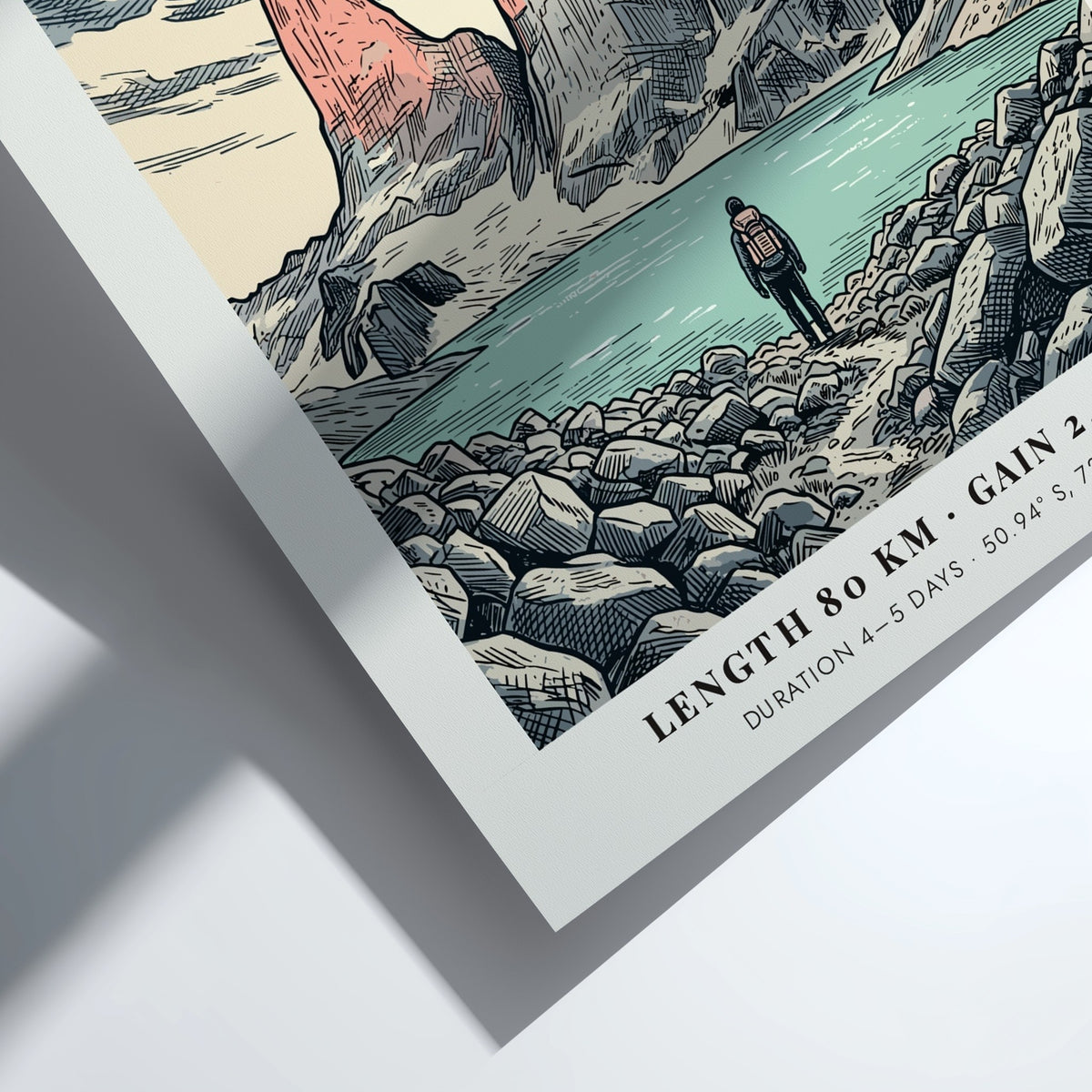 Poster of W Trek Torres Del Paine featuring granite peaks and a lone hiker.