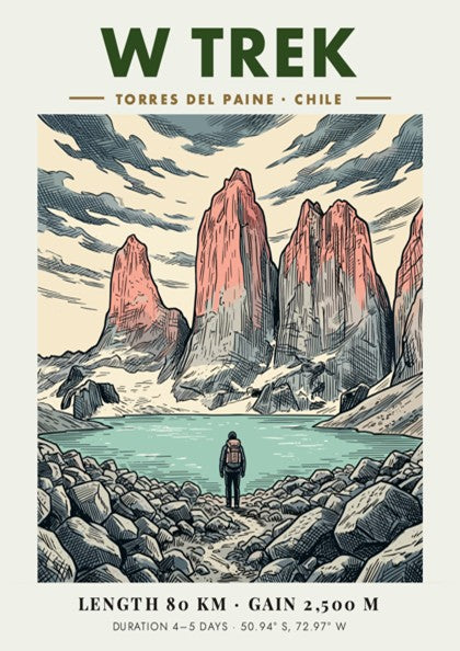 Poster of W Trek Torres Del Paine featuring granite peaks and a lone hiker.