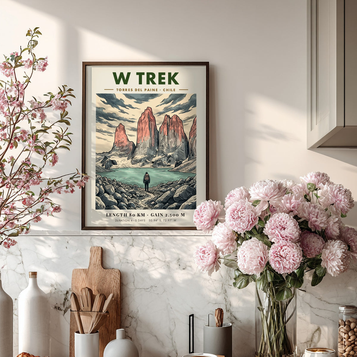 Poster of W Trek Torres Del Paine featuring granite peaks and a lone hiker.