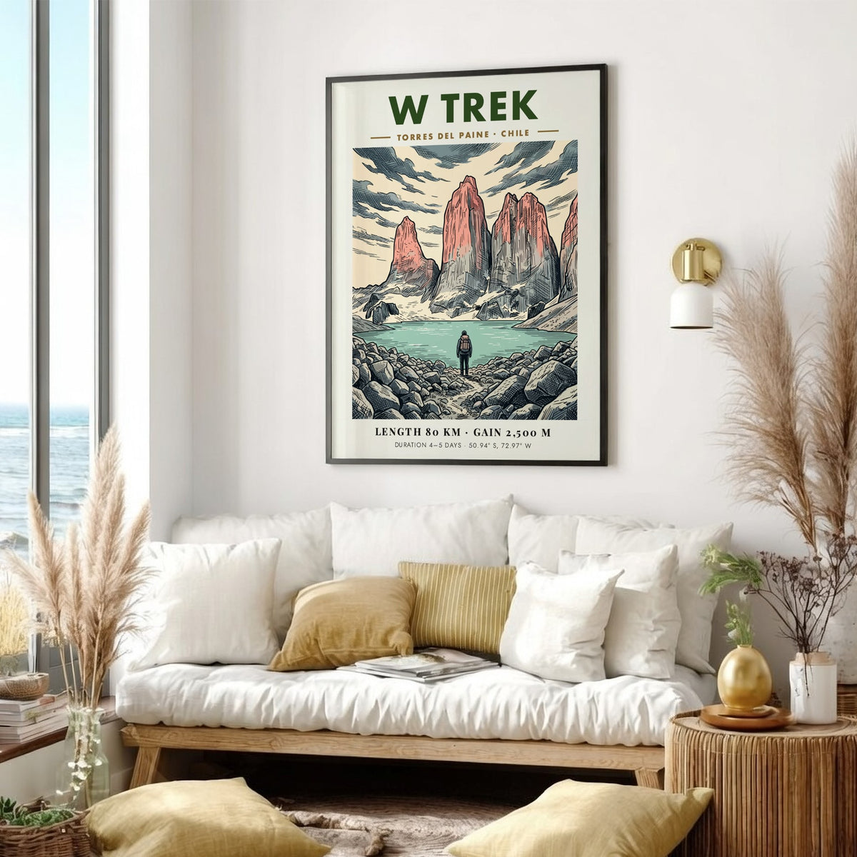 Poster of W Trek Torres Del Paine featuring granite peaks and a lone hiker.