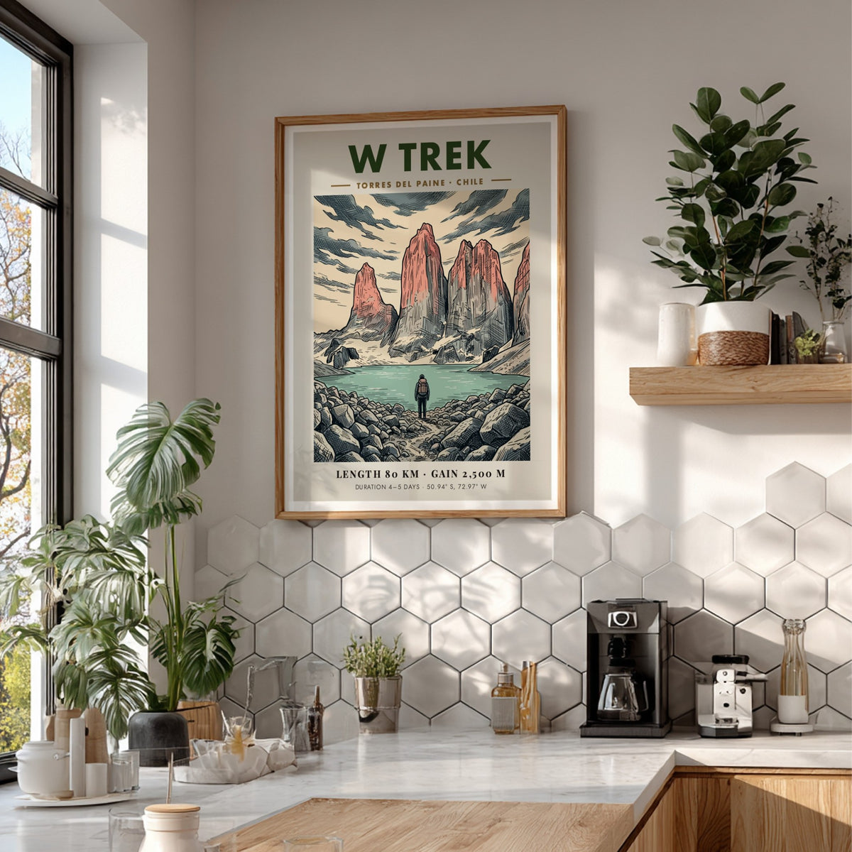Poster of W Trek Torres Del Paine featuring granite peaks and a lone hiker.