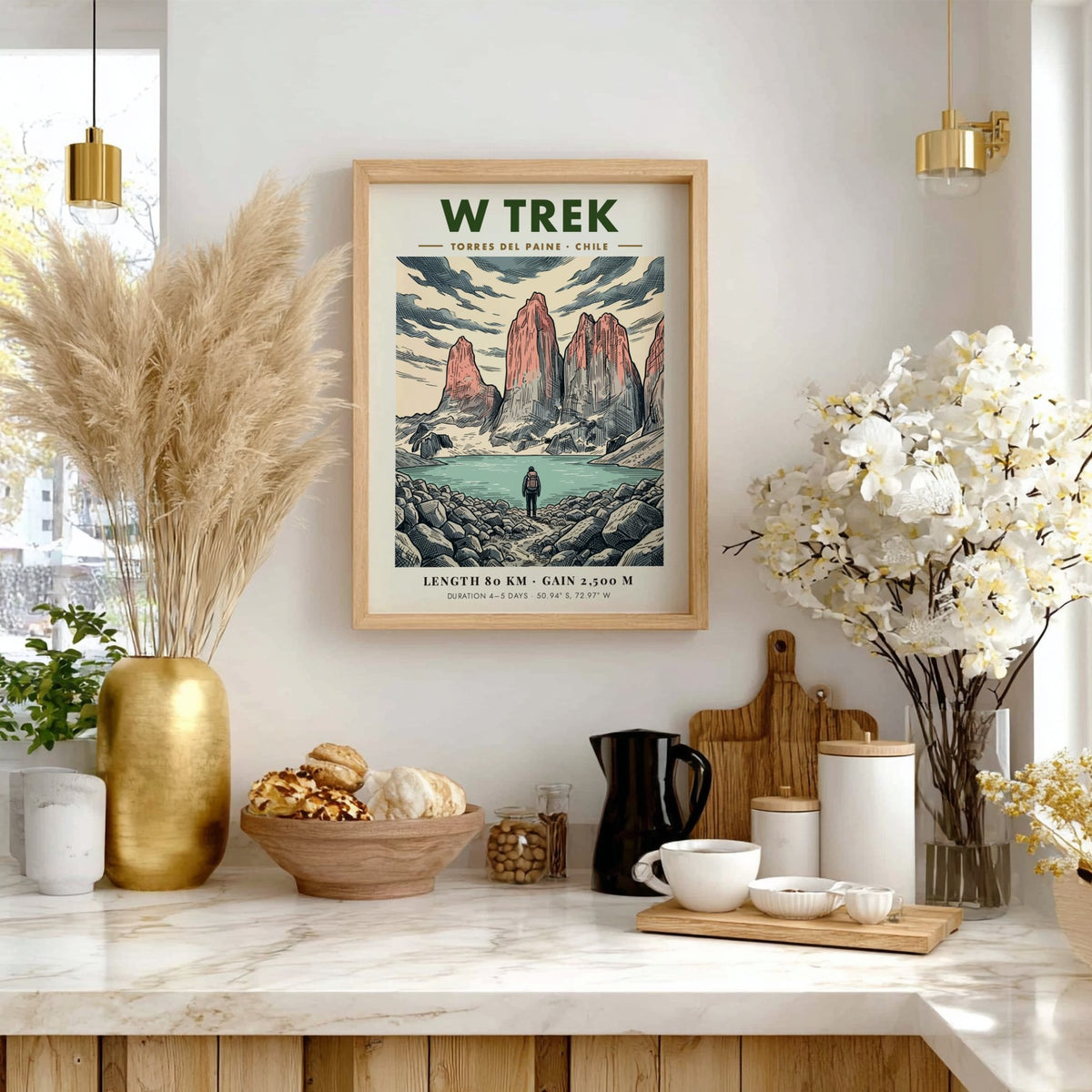 Poster of W Trek Torres Del Paine featuring granite peaks and a lone hiker.