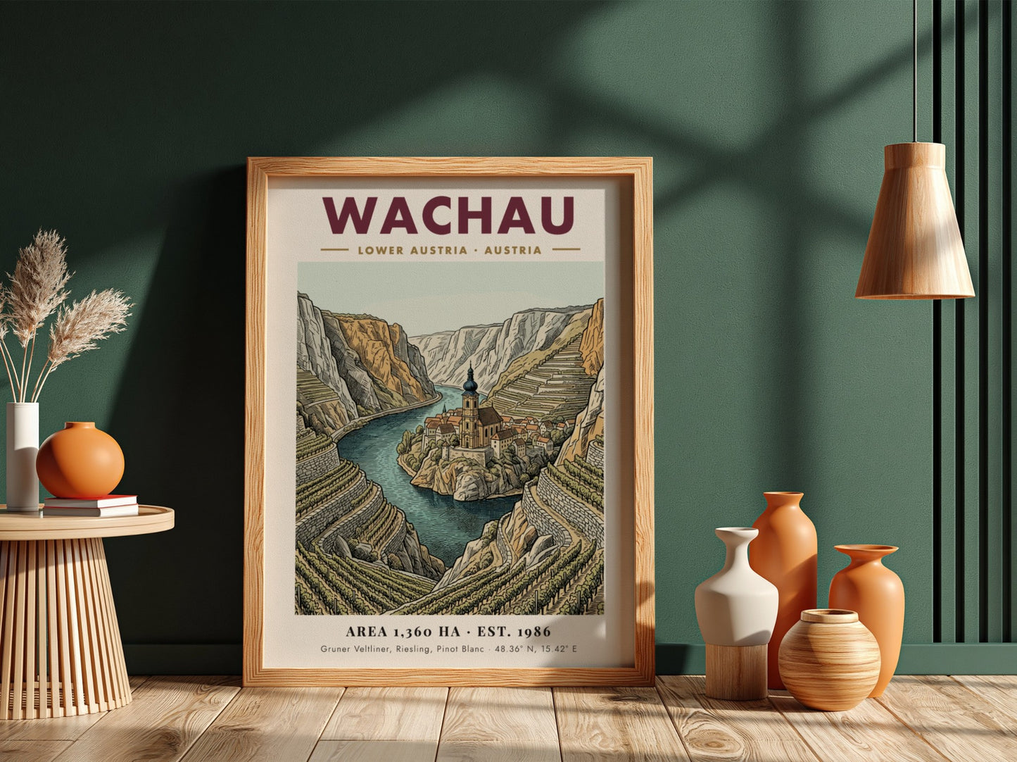 Poster of the Wachau Valley in Austria featuring terraced vineyards and a river church.