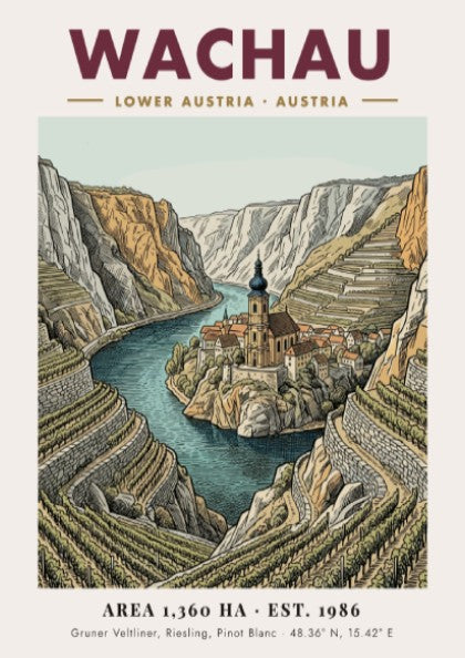 Poster of the Wachau Valley in Austria featuring terraced vineyards and a river church.