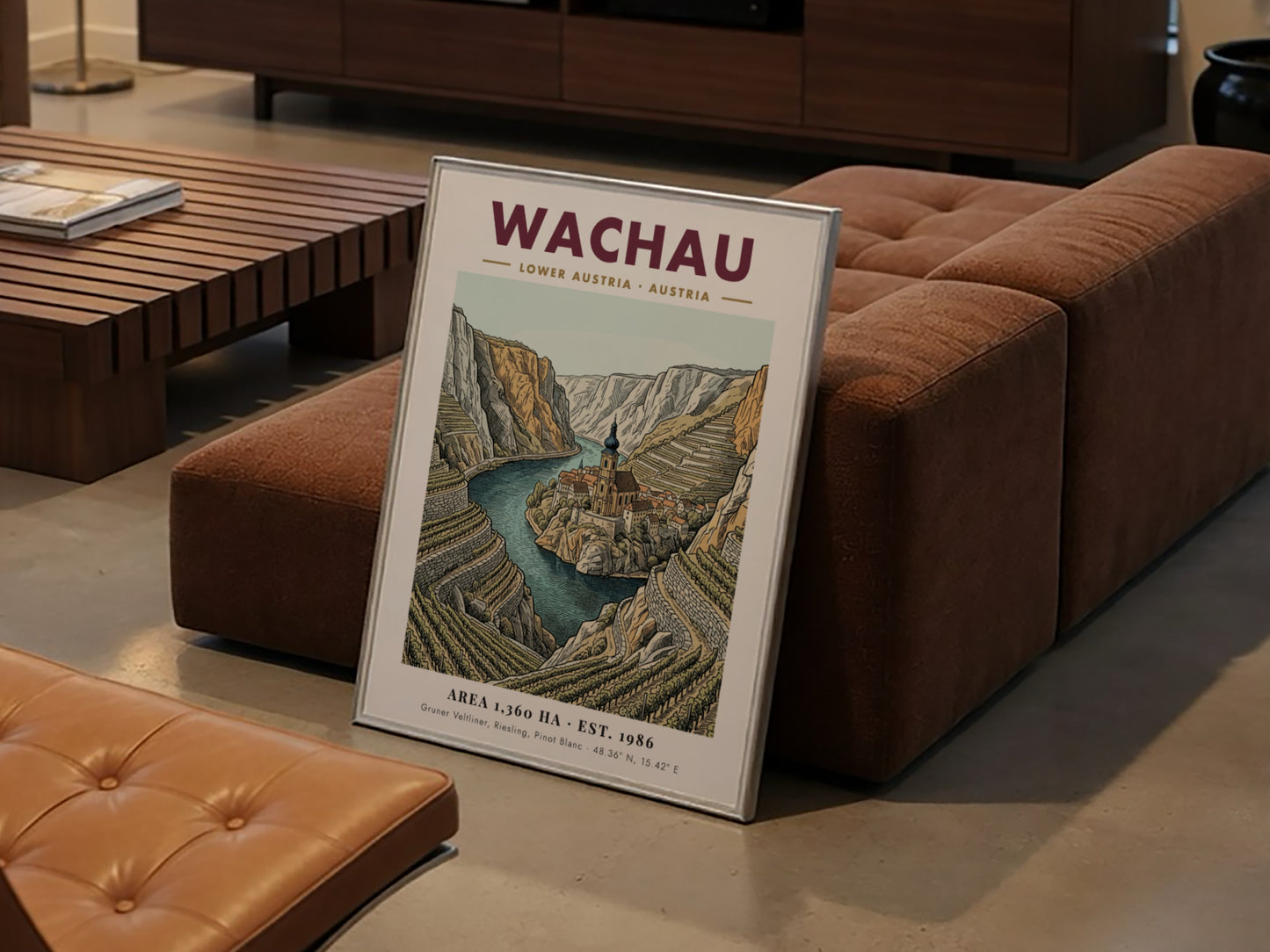 Poster of the Wachau Valley in Austria featuring terraced vineyards and a river church.