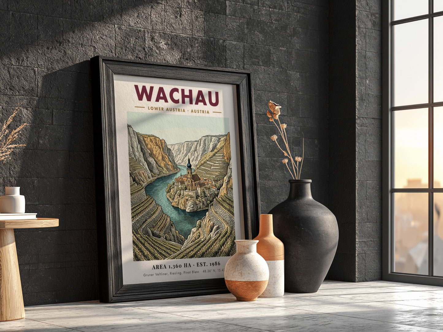 Poster of the Wachau Valley in Austria featuring terraced vineyards and a river church.