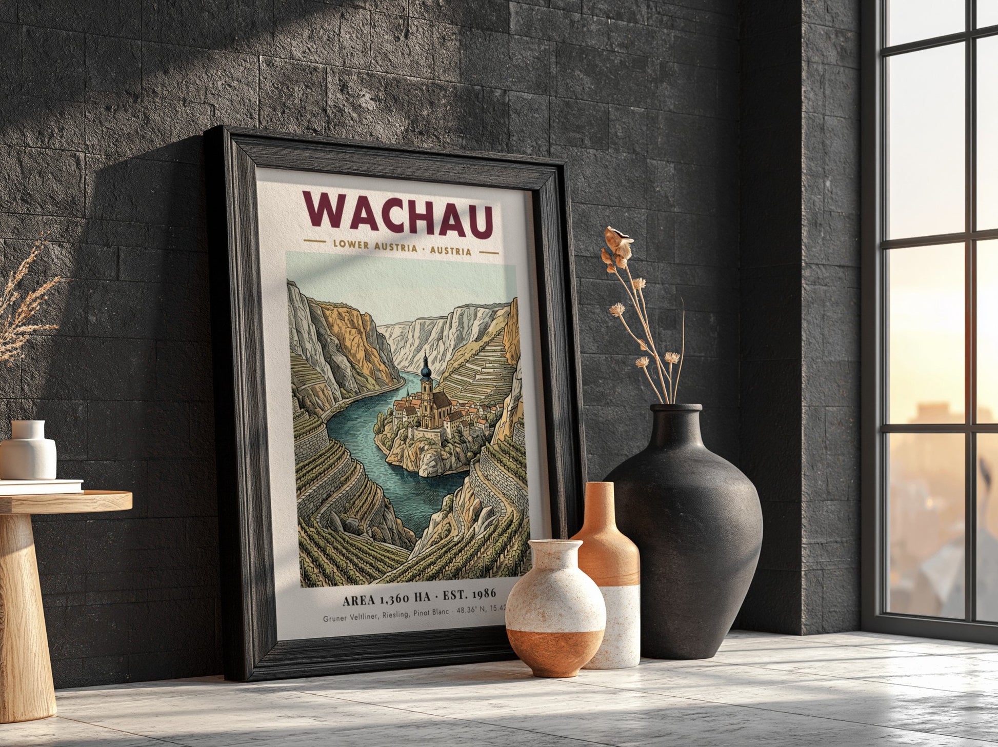 Poster of the Wachau Valley in Austria featuring terraced vineyards and a river church.
