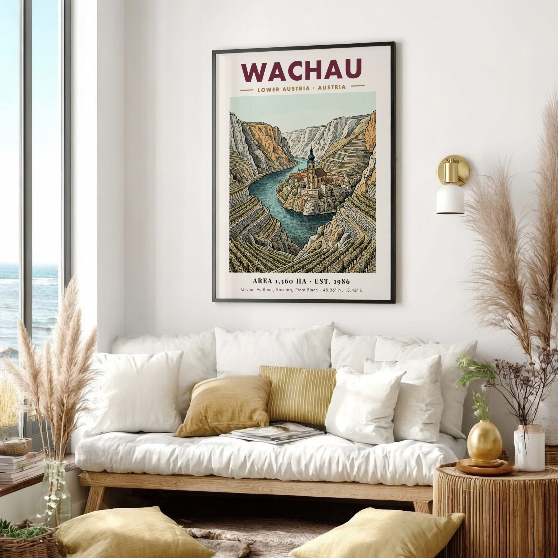 Poster of the Wachau Valley in Austria featuring terraced vineyards and a river church.