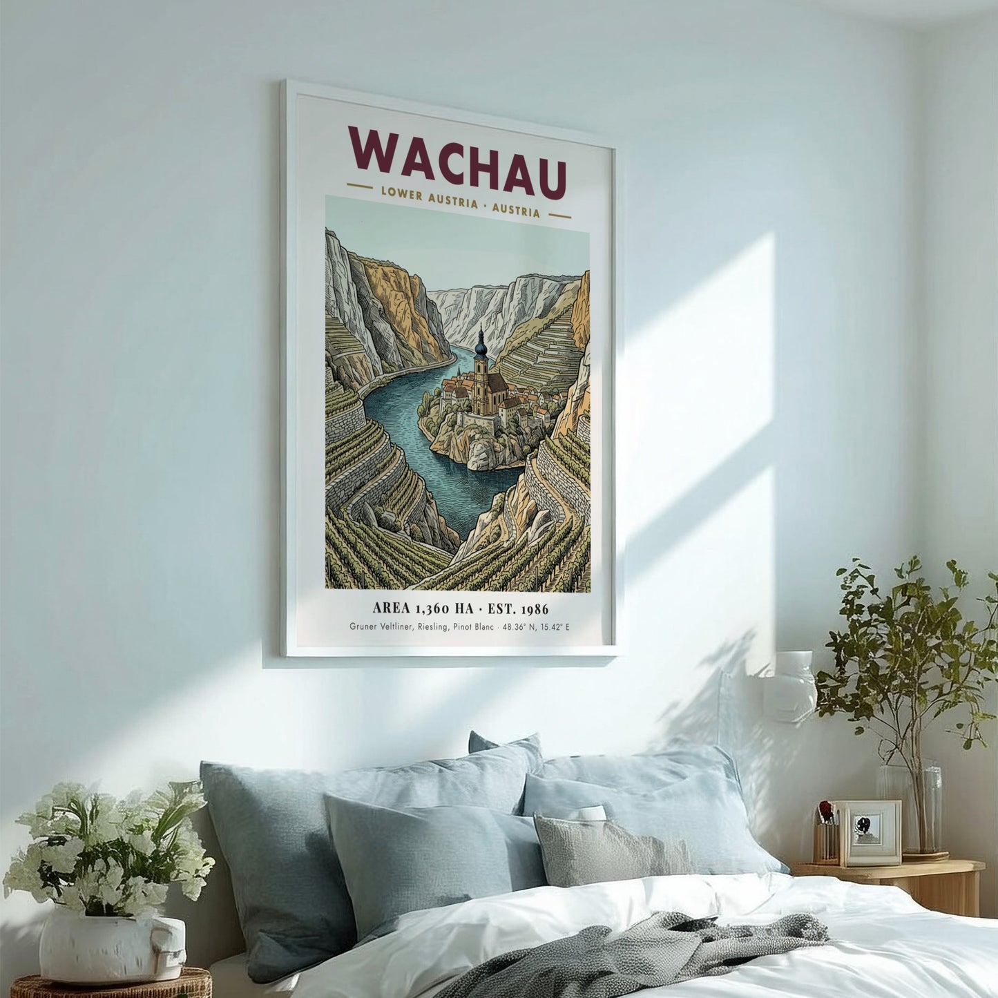 Poster of the Wachau Valley in Austria featuring terraced vineyards and a river church.
