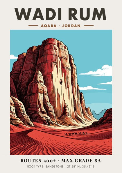 Wadi Rum travel poster featuring sandstone cliffs, a rock climber, and camels below.