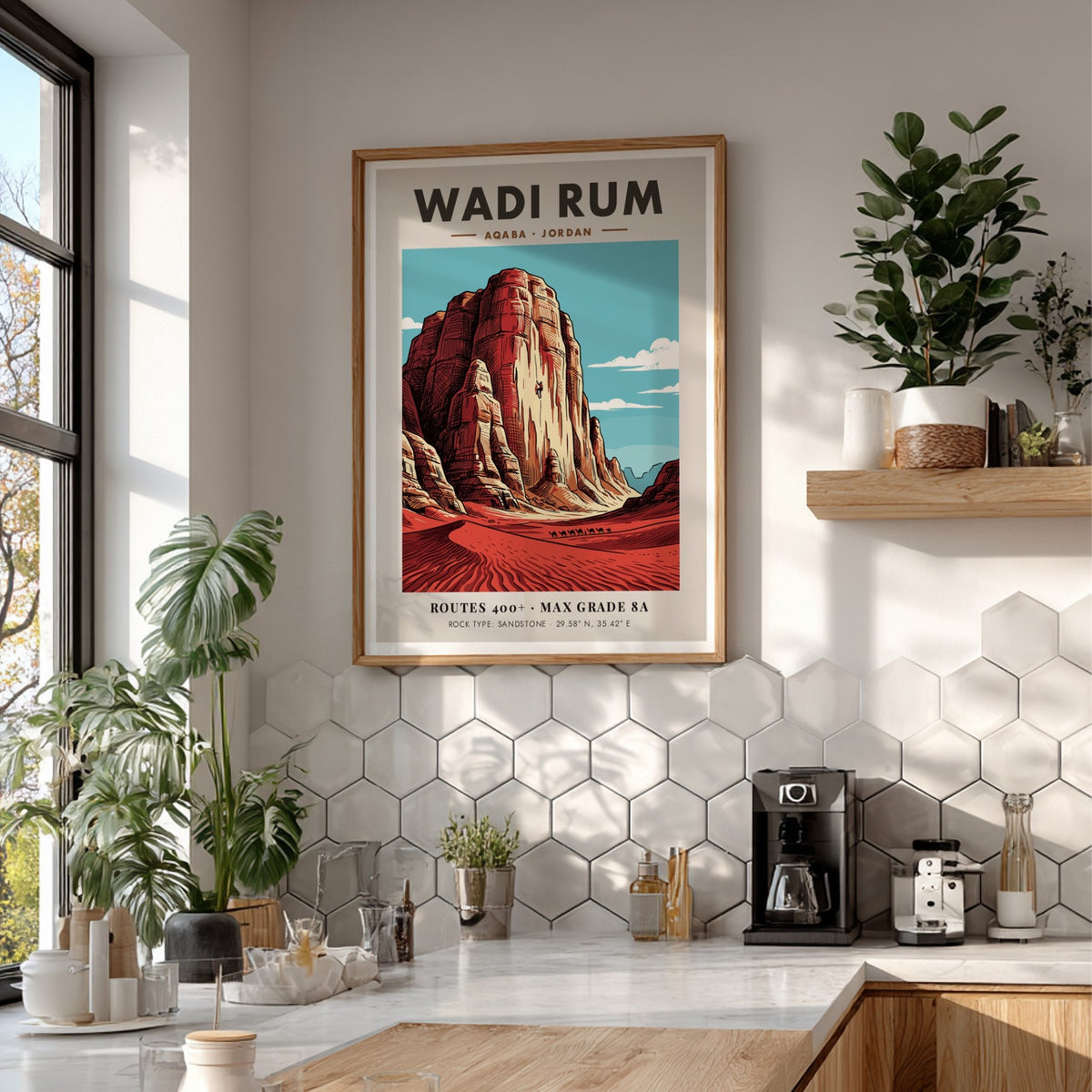 Wadi Rum travel poster featuring sandstone cliffs, a rock climber, and camels below.