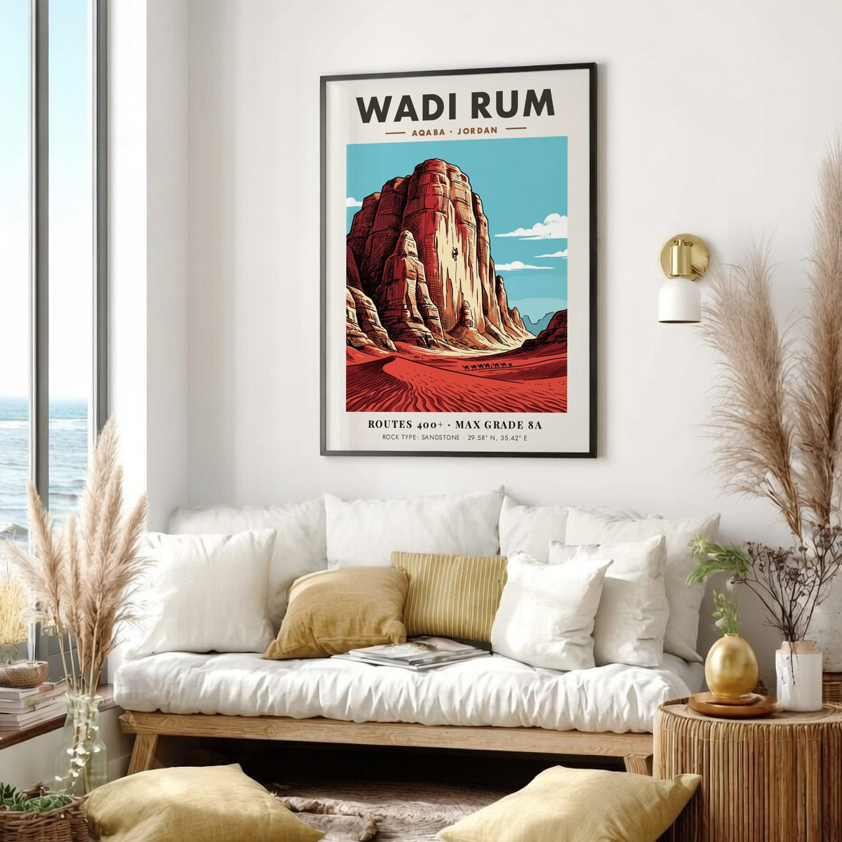 Wadi Rum travel poster featuring sandstone cliffs, a rock climber, and camels below.