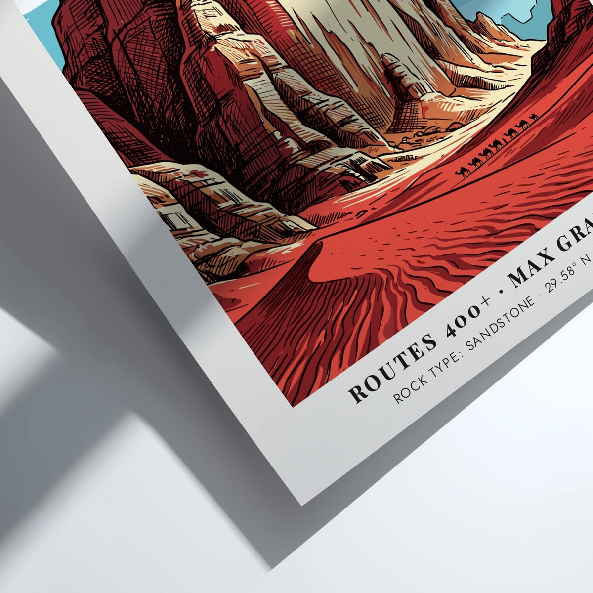 Wadi Rum travel poster featuring sandstone cliffs, a rock climber, and camels below.