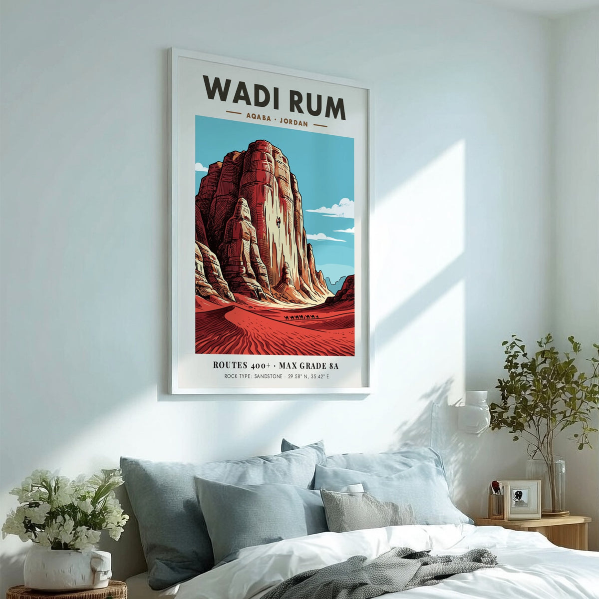 Wadi Rum travel poster featuring sandstone cliffs, a rock climber, and camels below.