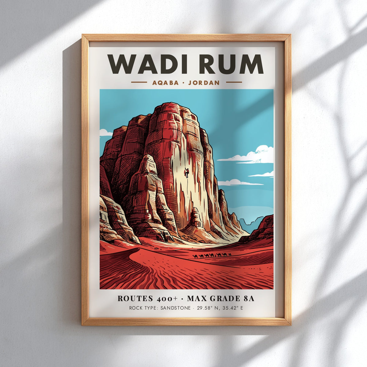 Wadi Rum travel poster featuring sandstone cliffs, a rock climber, and camels below.
