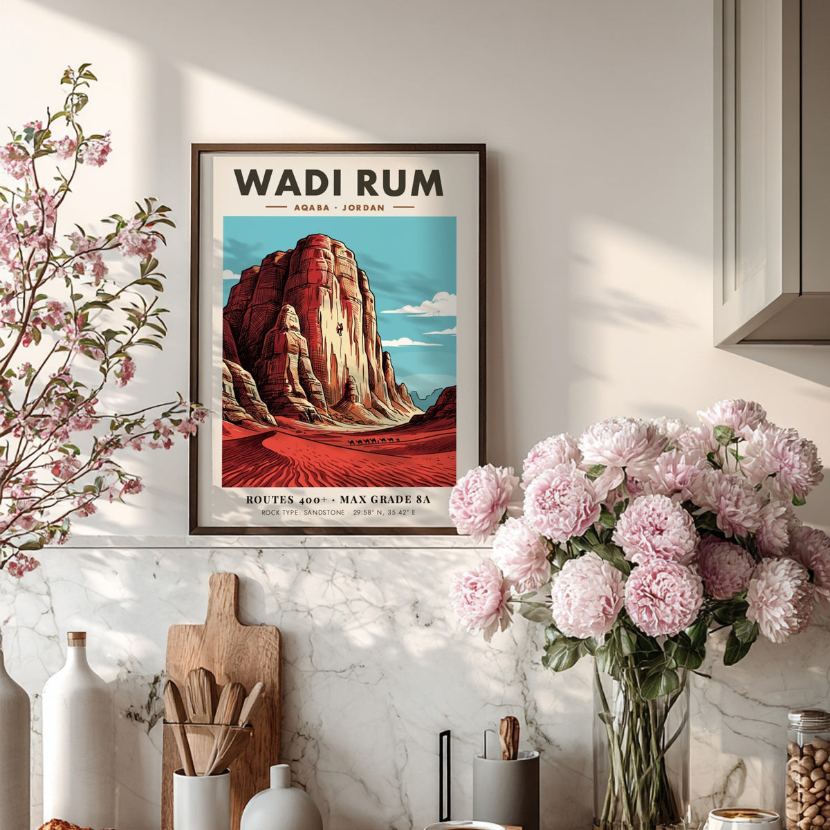 Wadi Rum travel poster featuring sandstone cliffs, a rock climber, and camels below.