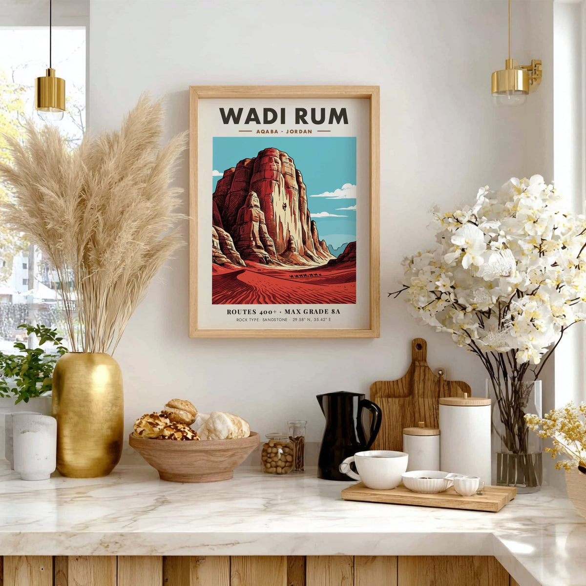 Wadi Rum travel poster featuring sandstone cliffs, a rock climber, and camels below.