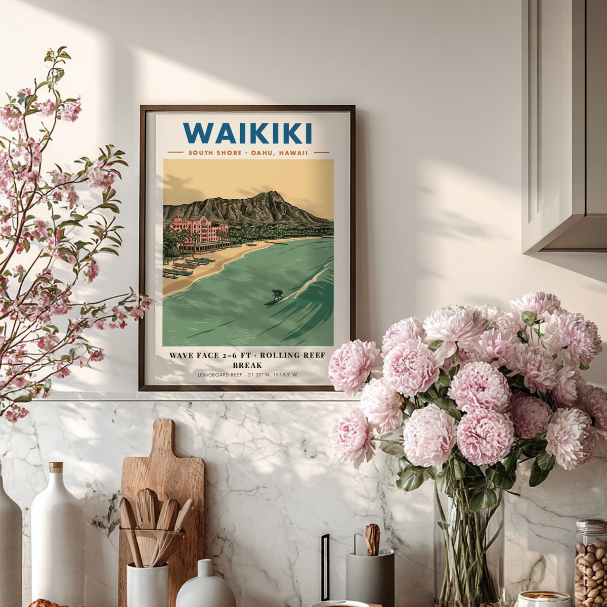 Poster of Waikiki beach with Diamond Head, the pink hotel, and a surfer.