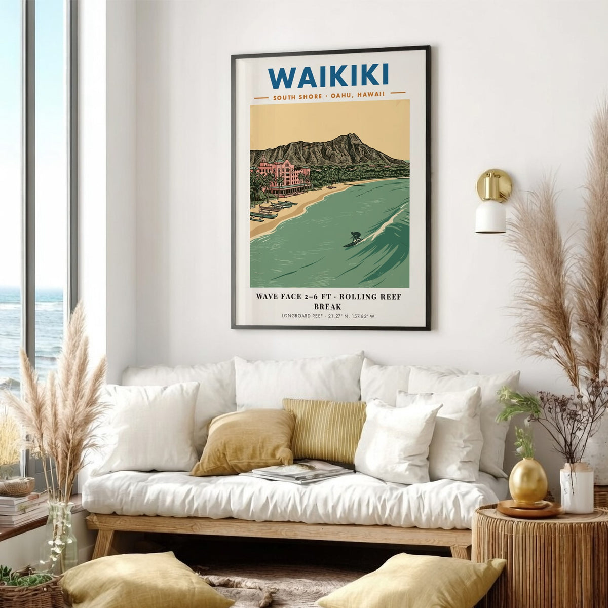 Poster of Waikiki beach with Diamond Head, the pink hotel, and a surfer.