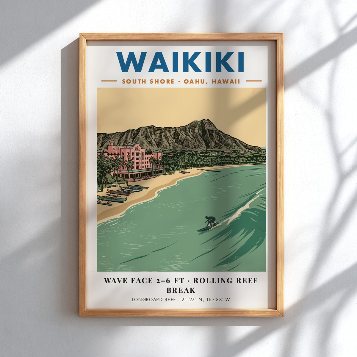 Poster of Waikiki beach with Diamond Head, the pink hotel, and a surfer.