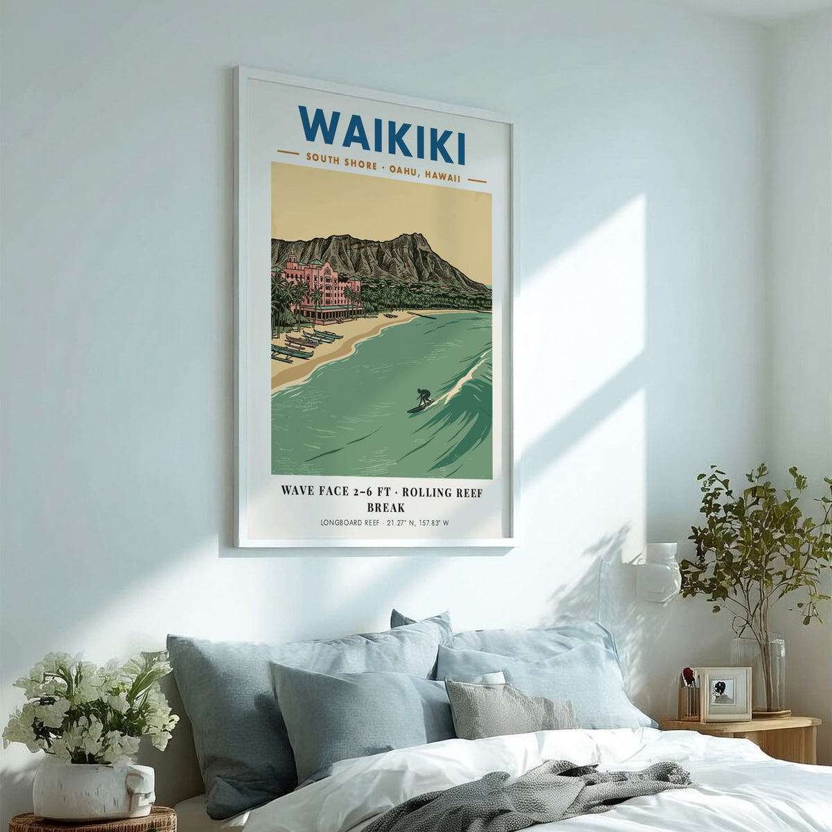 Poster of Waikiki beach with Diamond Head, the pink hotel, and a surfer.