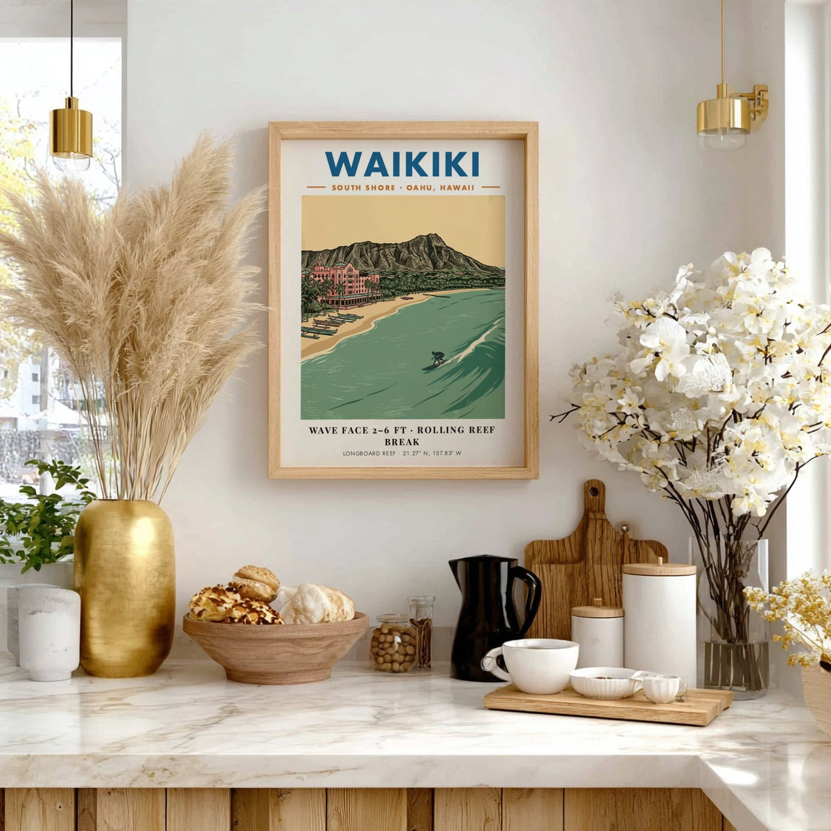 Poster of Waikiki beach with Diamond Head, the pink hotel, and a surfer.