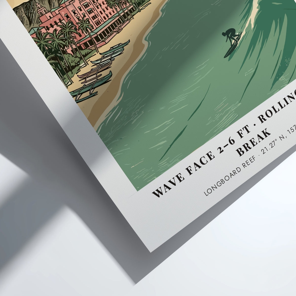 Poster of Waikiki beach with Diamond Head, the pink hotel, and a surfer.