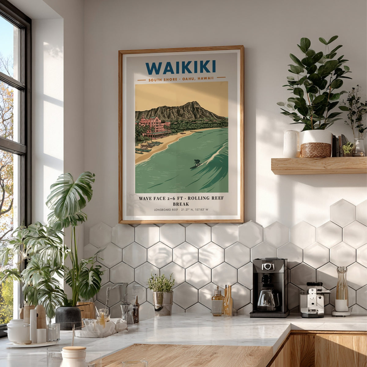 Poster of Waikiki beach with Diamond Head, the pink hotel, and a surfer.
