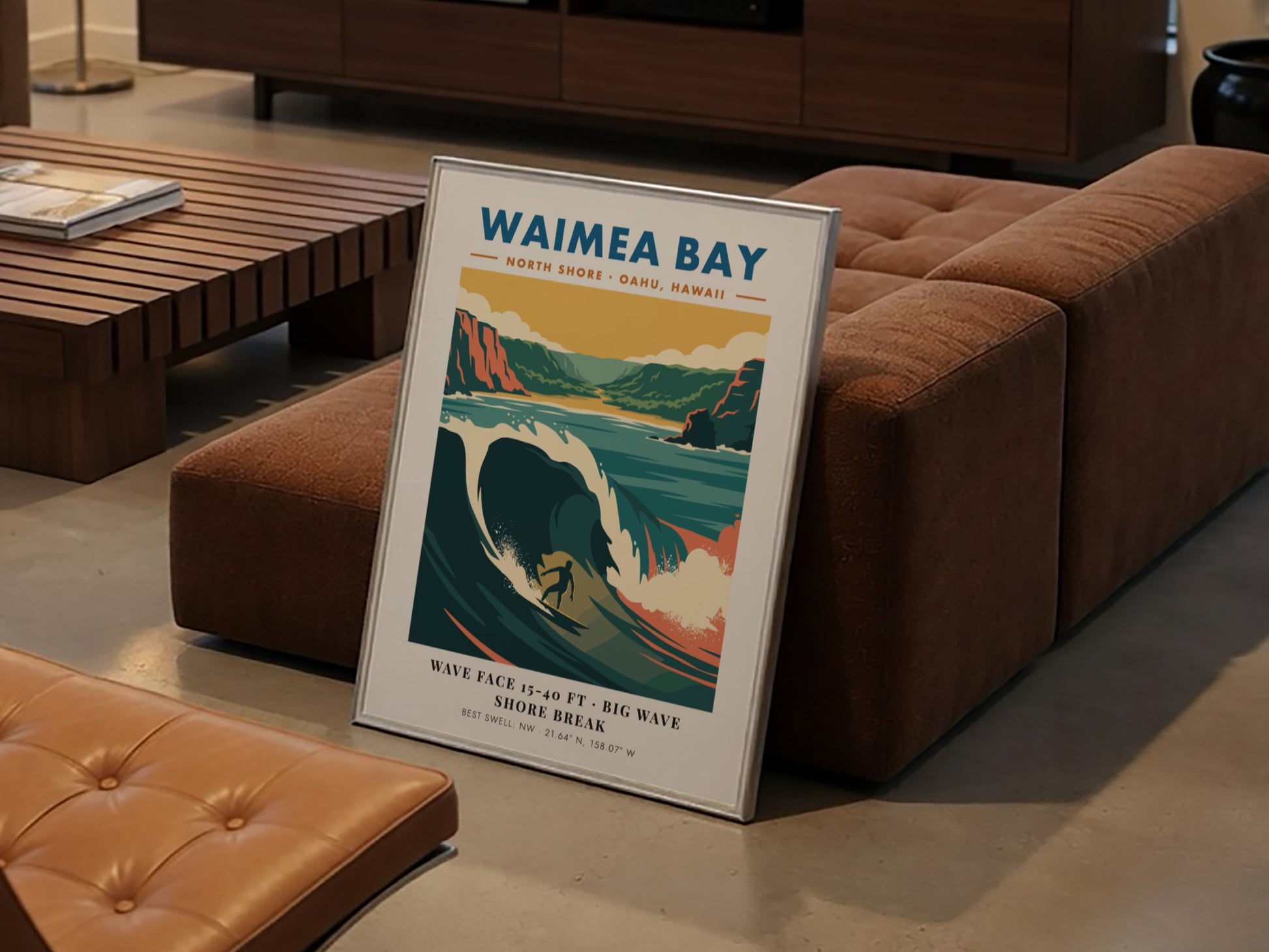 Waimea Bay North Shore surf poster featuring a large wave and rugged cliffs