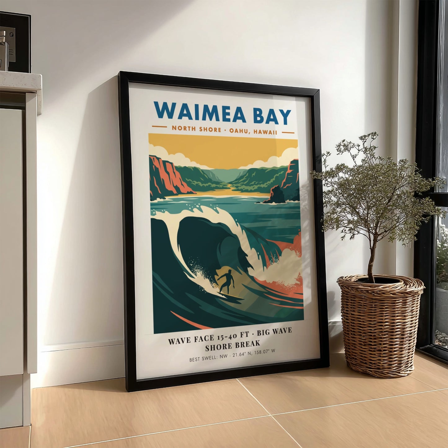 Waimea Bay North Shore surf poster featuring a large wave and rugged cliffs