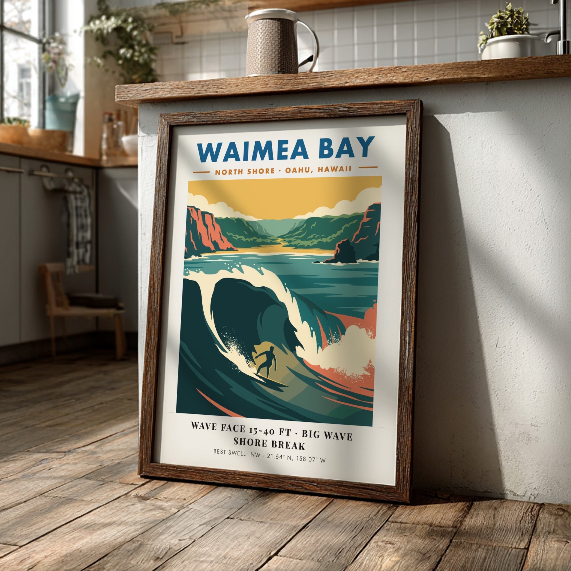 Waimea Bay North Shore surf poster featuring a large wave and rugged cliffs