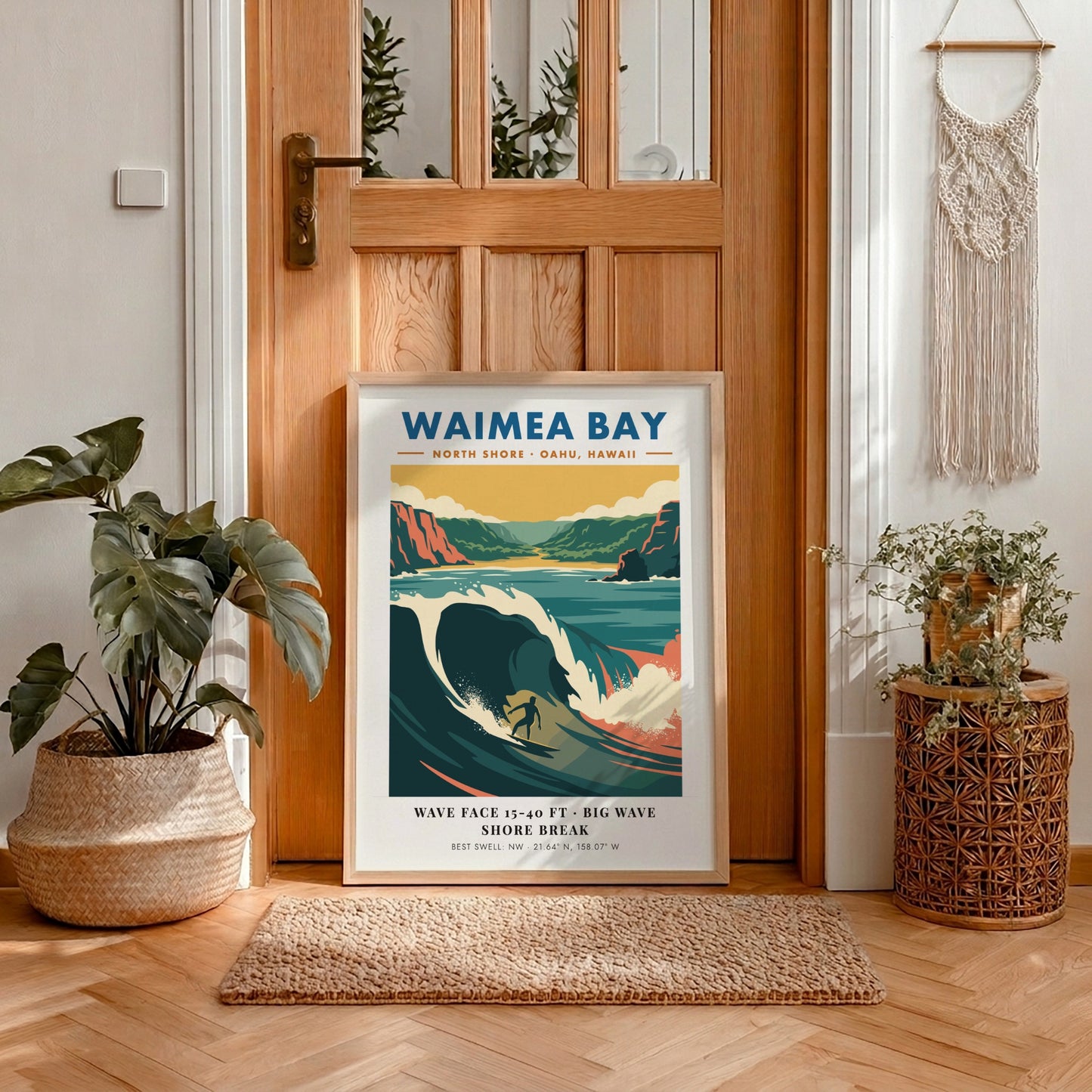 Waimea Bay North Shore surf poster featuring a large wave and rugged cliffs