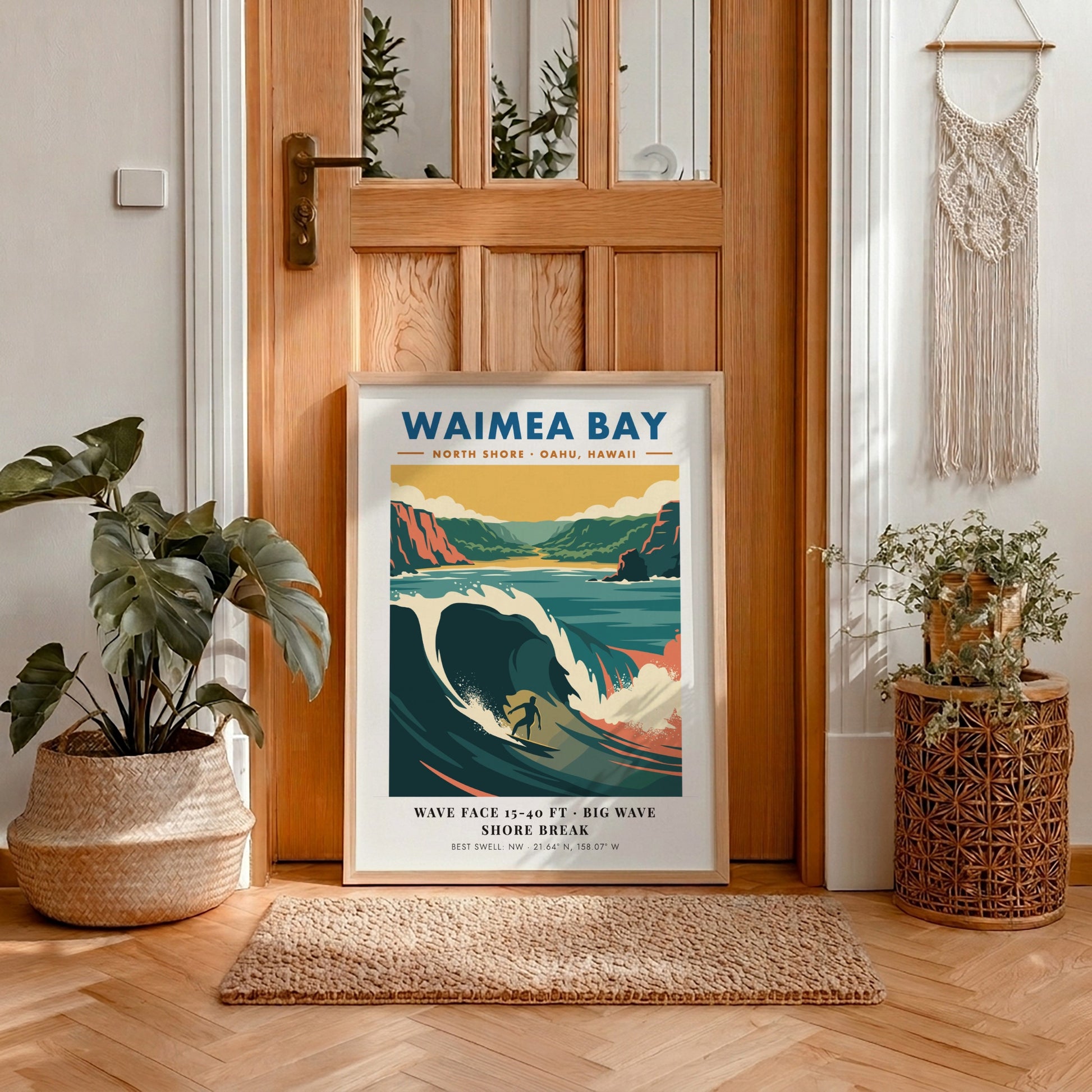 Waimea Bay North Shore surf poster featuring a large wave and rugged cliffs