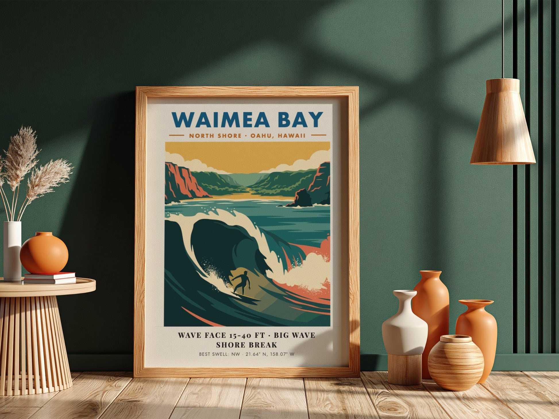 Waimea Bay North Shore surf poster featuring a large wave and rugged cliffs