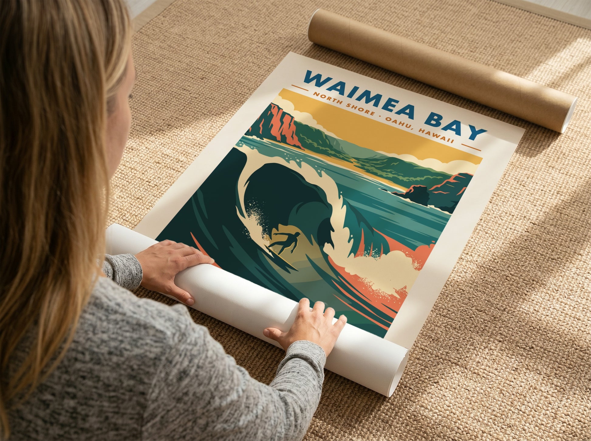 Waimea Bay North Shore surf poster featuring a large wave and rugged cliffs