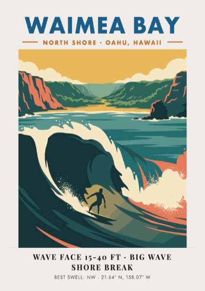Waimea Bay North Shore surf poster featuring a large wave and rugged cliffs