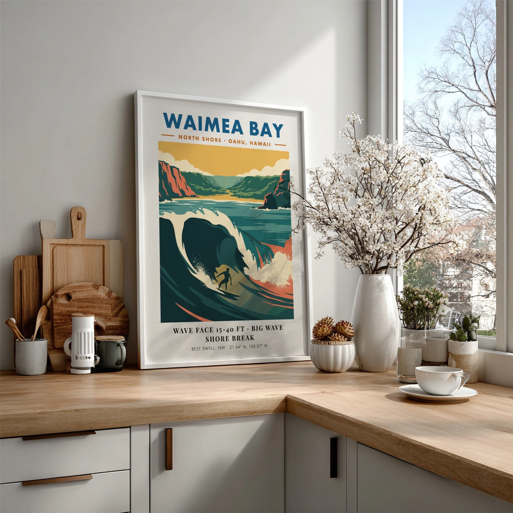 Waimea Bay North Shore surf poster featuring a large wave and rugged cliffs