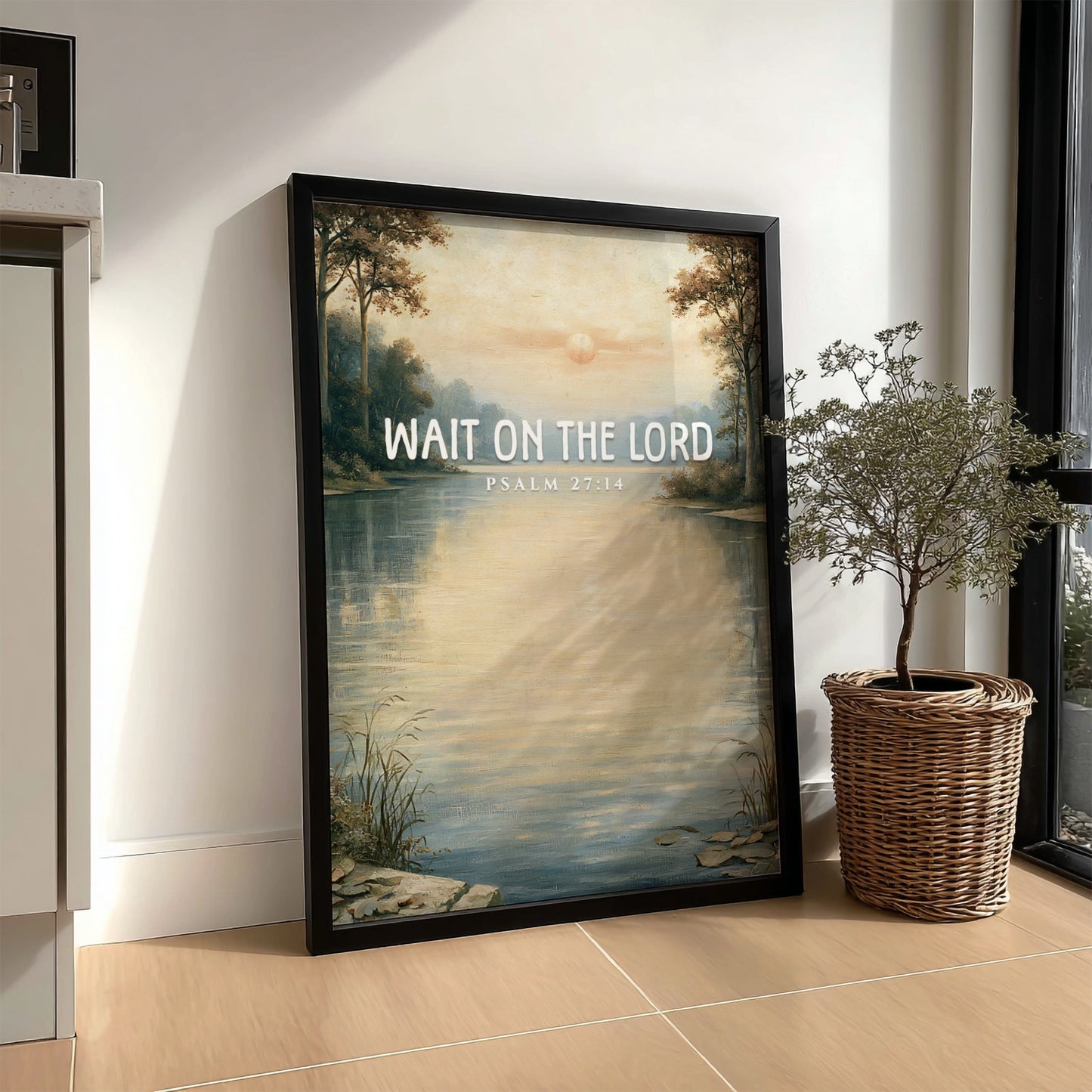 Wait on the Lord poster featuring a tranquil lakeside scene in soft pastels, ideal for inspirational wall art.