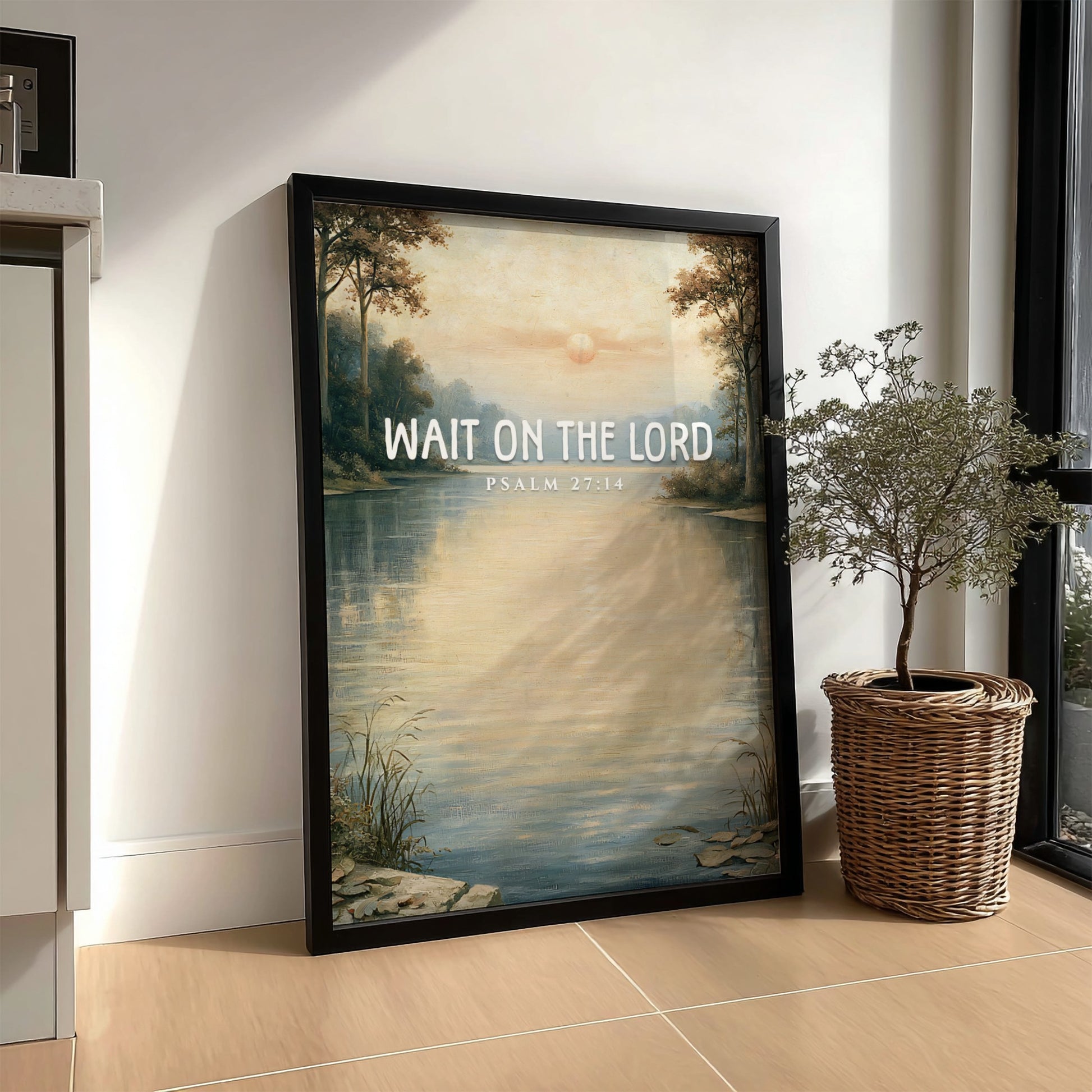 Wait on the Lord poster featuring a tranquil lakeside scene in soft pastels, ideal for inspirational wall art.