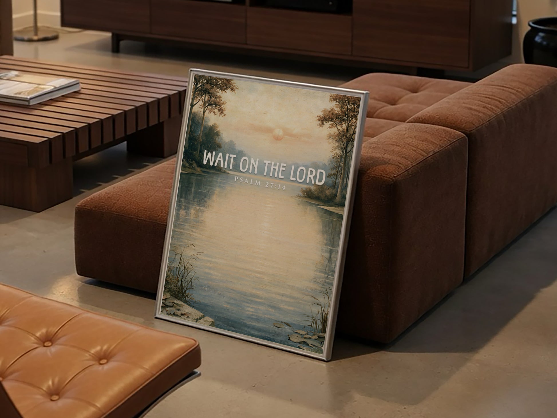 Wait on the Lord poster featuring a tranquil lakeside scene in soft pastels, ideal for inspirational wall art.