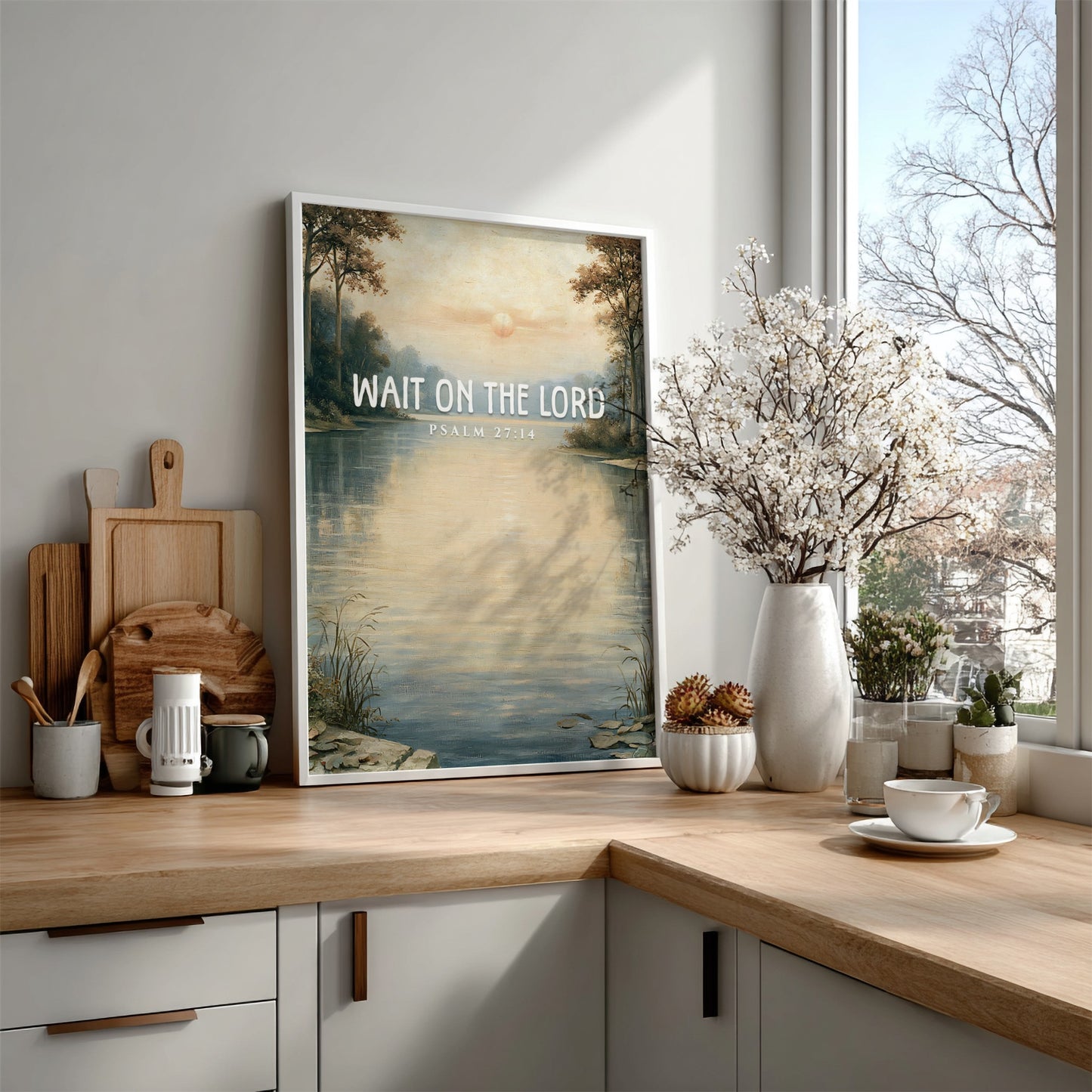 Wait on the Lord poster featuring a tranquil lakeside scene in soft pastels, ideal for inspirational wall art.