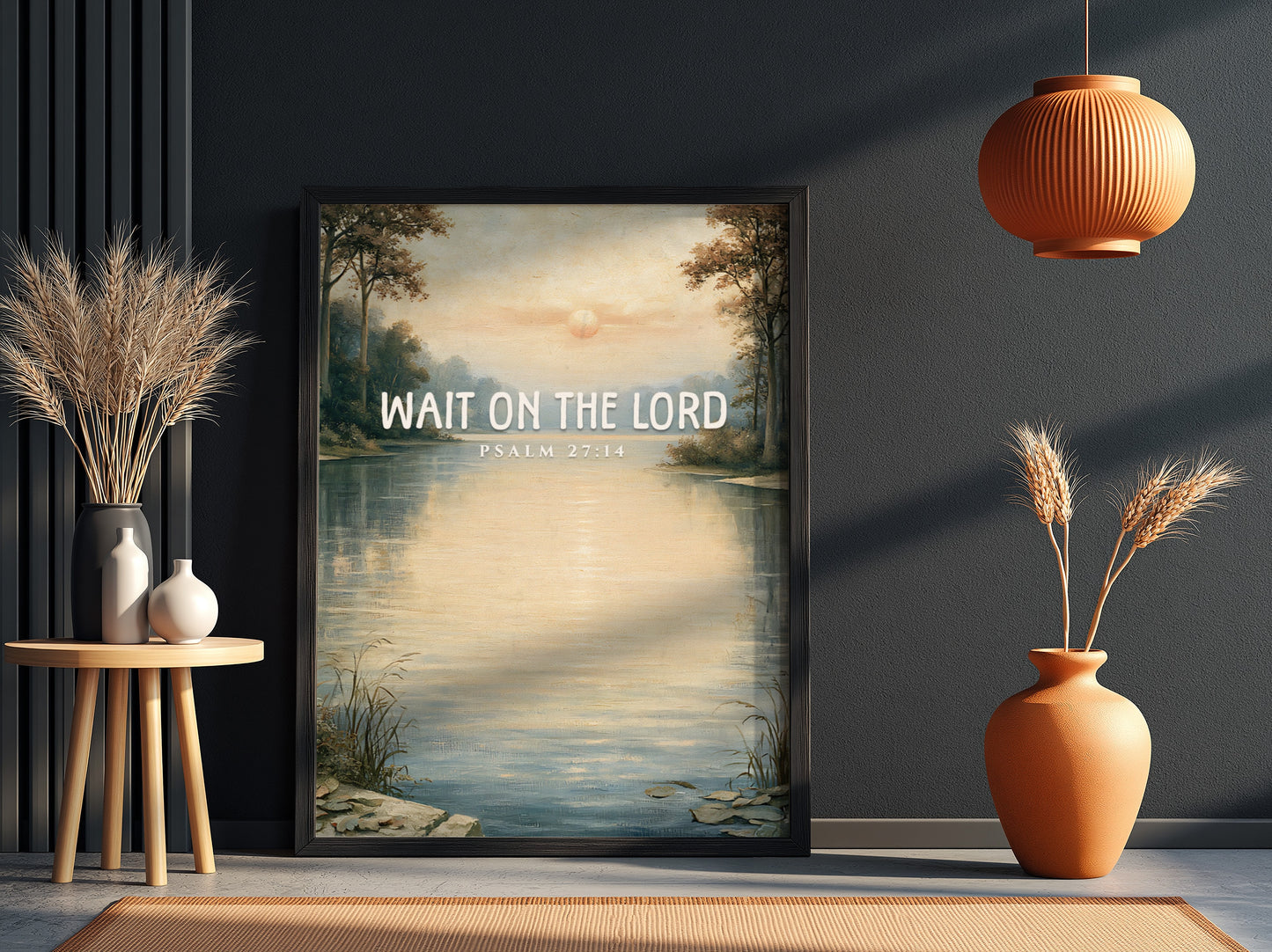 Wait on the Lord poster featuring a tranquil lakeside scene in soft pastels, ideal for inspirational wall art.