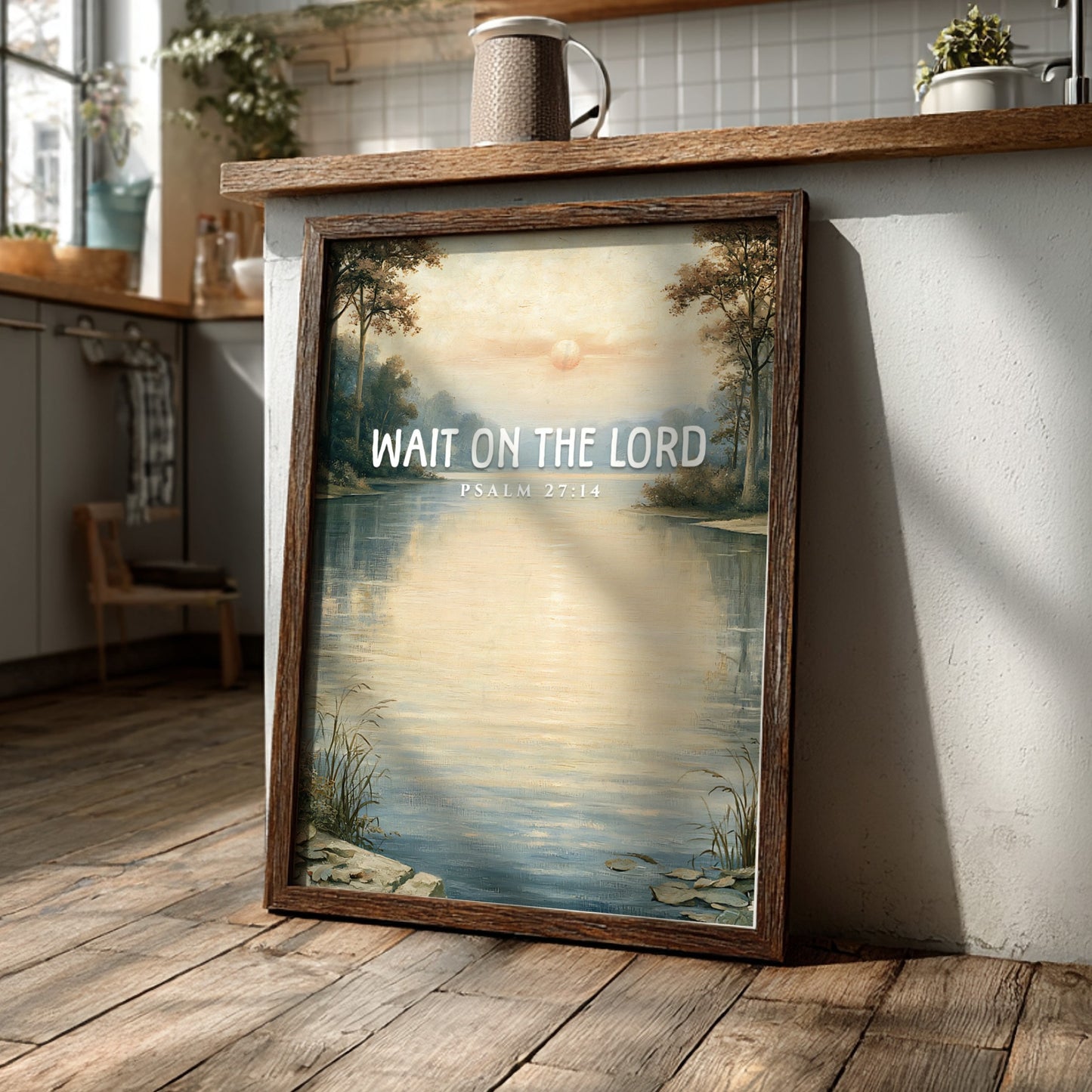 Wait on the Lord poster featuring a tranquil lakeside scene in soft pastels, ideal for inspirational wall art.