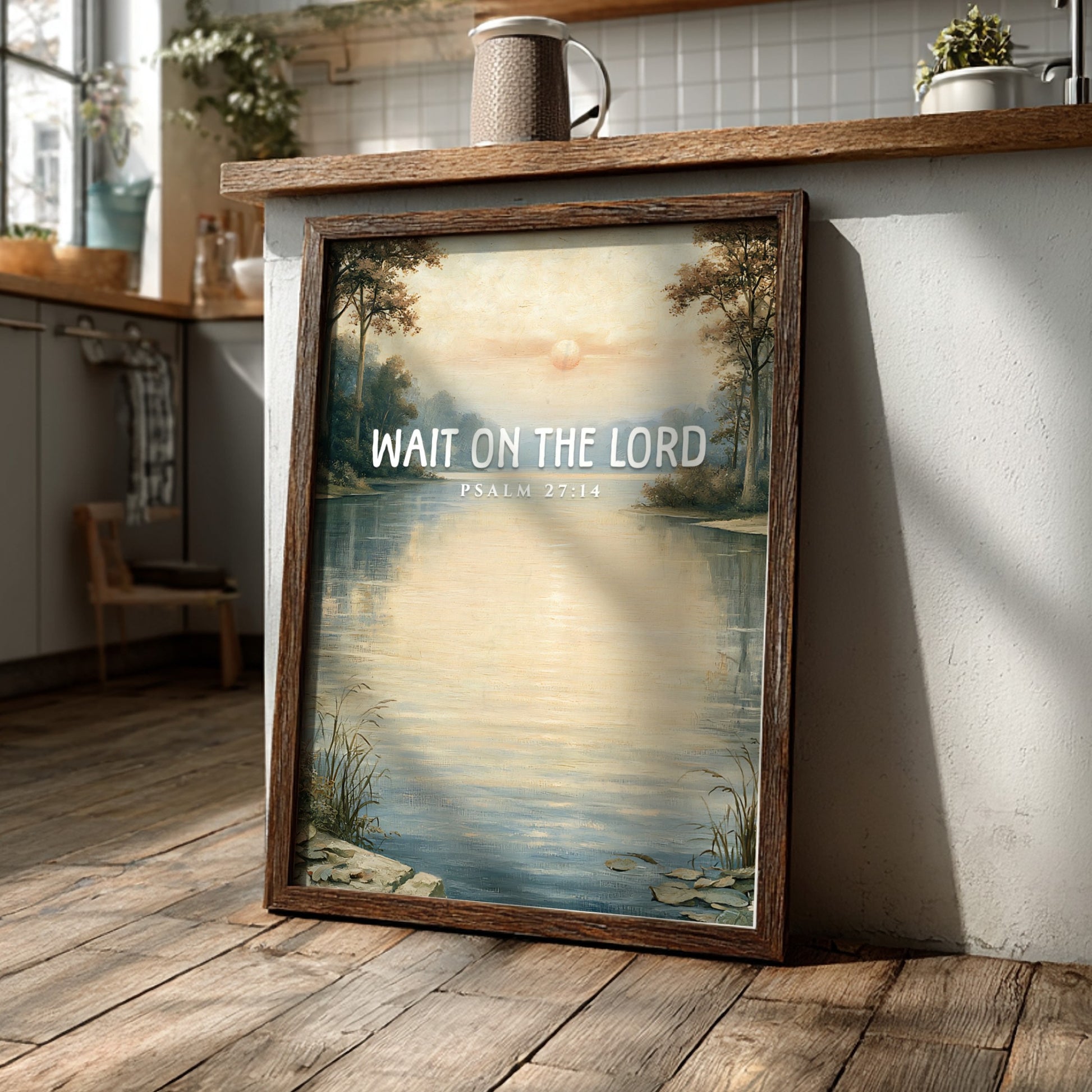 Wait on the Lord poster featuring a tranquil lakeside scene in soft pastels, ideal for inspirational wall art.
