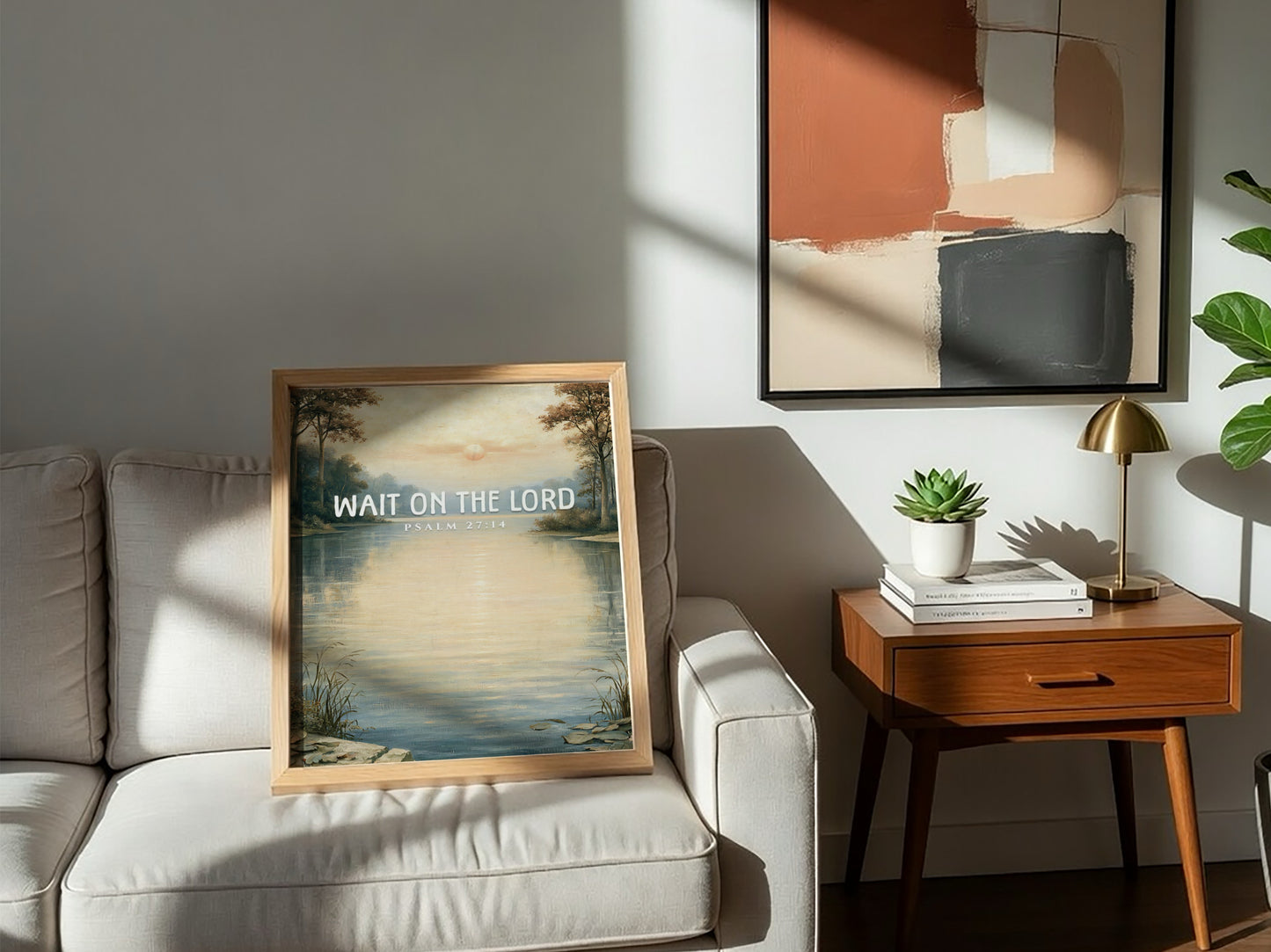 Wait on the Lord poster featuring a tranquil lakeside scene in soft pastels, ideal for inspirational wall art.