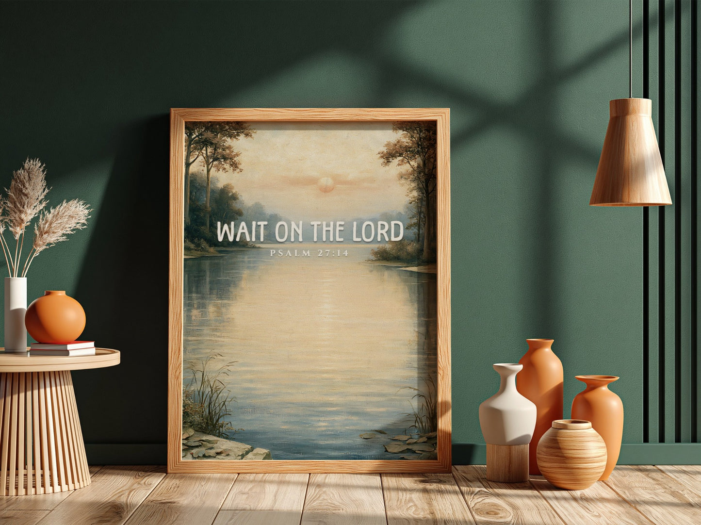 Wait on the Lord poster featuring a tranquil lakeside scene in soft pastels, ideal for inspirational wall art.