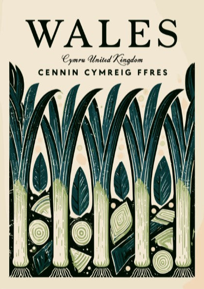 Wales kitchen poster featuring leeks in vibrant colors, nature-inspired design, perfect for kitchen decor.