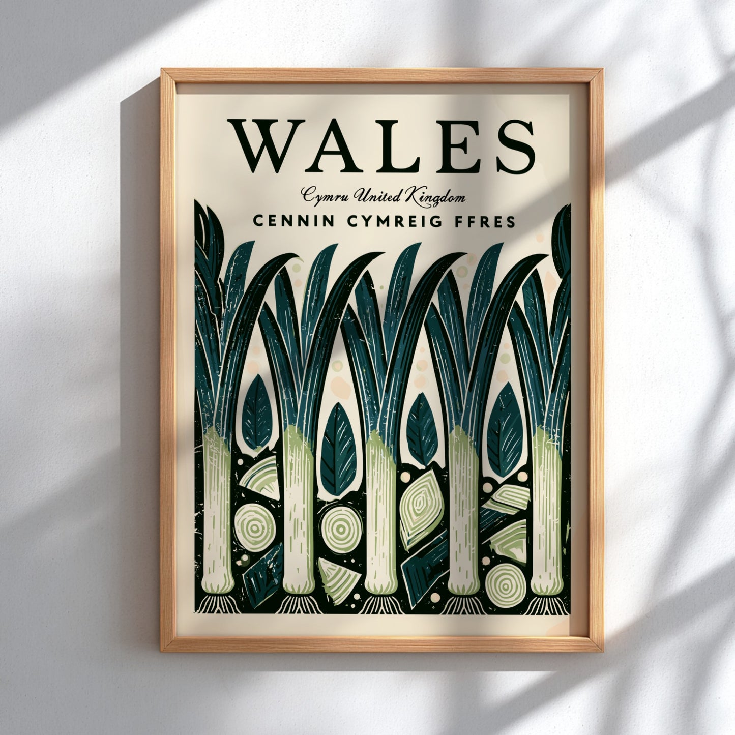 Wales kitchen poster featuring leeks in vibrant colors, nature-inspired design, perfect for kitchen decor.